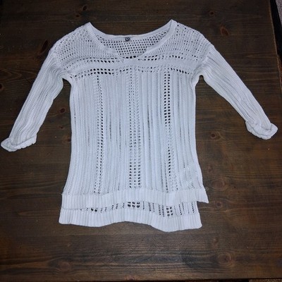 Roxy Swim Cover Up Size Small Crochet Y2k White 3/4 Sleeve Sweater Surfer Hippie
