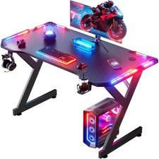 Gaming Tisch mit LED, Computertisch mit Einteilige Tischplatt