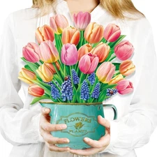 Airpark Pop Up Cards Paper Flowers Bouquet, 12" Pink Fake Tulips orange 