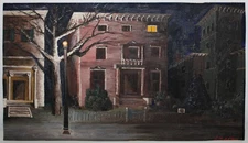 Cityscape Landscape Brownstone Painting on Cardboard Signed Vintage