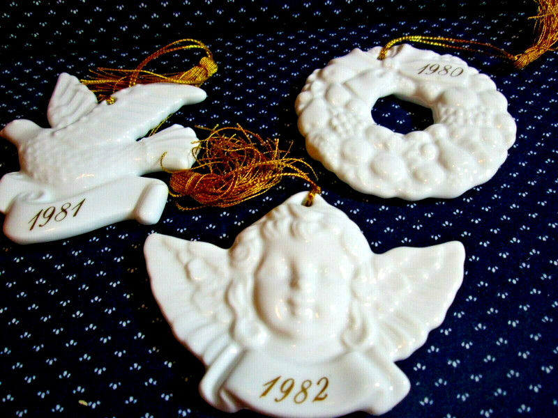 Vintage 1980, 81, 82 Avon White Ceramic Christmas Ornaments, Wreath, Dove, Angel