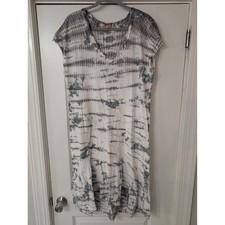 Wearables Grey White Tie Dye Cotton V-Neck Midi Dress Tiered Large natural artsy