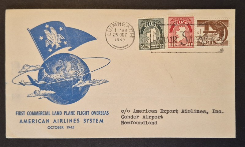 1945 First Flight Limerick Ireland Gander Newfoundland FAM F24-8a Air Mail Cover