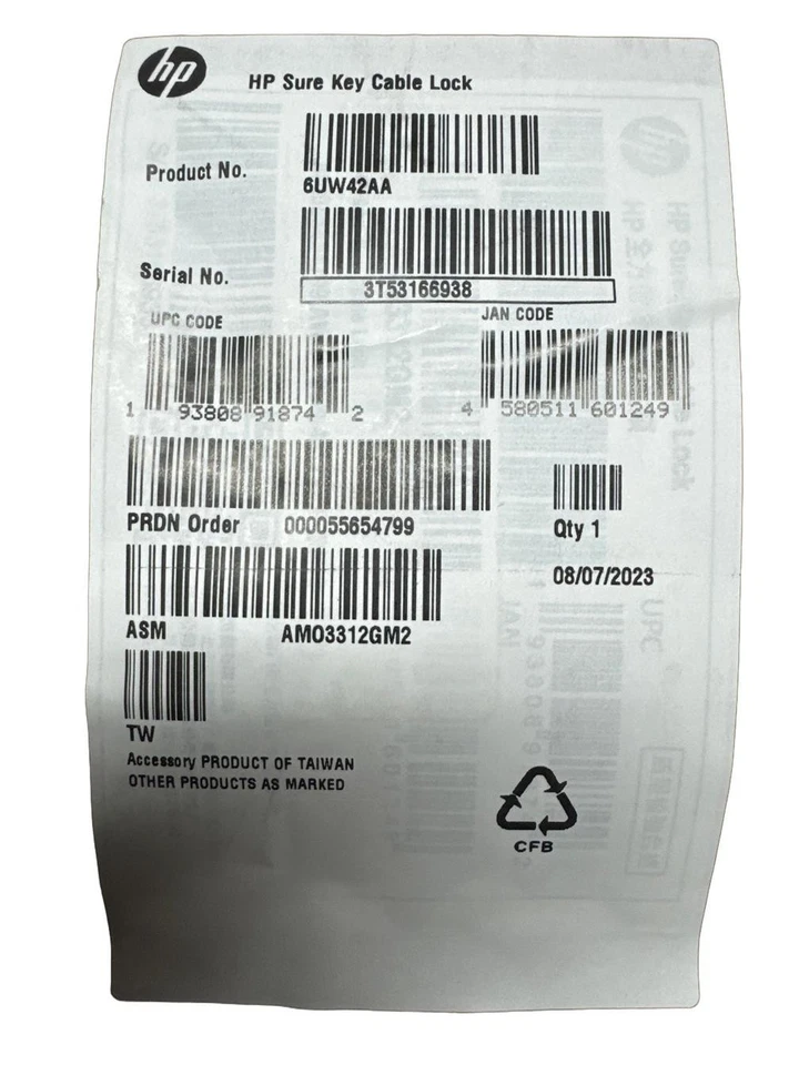 6UW42AA NUEVO HP Sure Key Cable Bloqueo 1,83 m para Notebook, Monitor, Tablet, etc... Foto 3 de 4