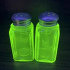 1930s Etched Green Depression Salt Pepper Shakers 3" Vaseline Uranium Glass Glow