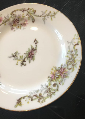 France Limoges Bread Butter Dish Pink Flower Yellow scrolls 6 1/8'
