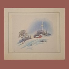 Christmas Card Vintage Dorothy Wardell Winter Moon Red Barn Snow Canadian Art