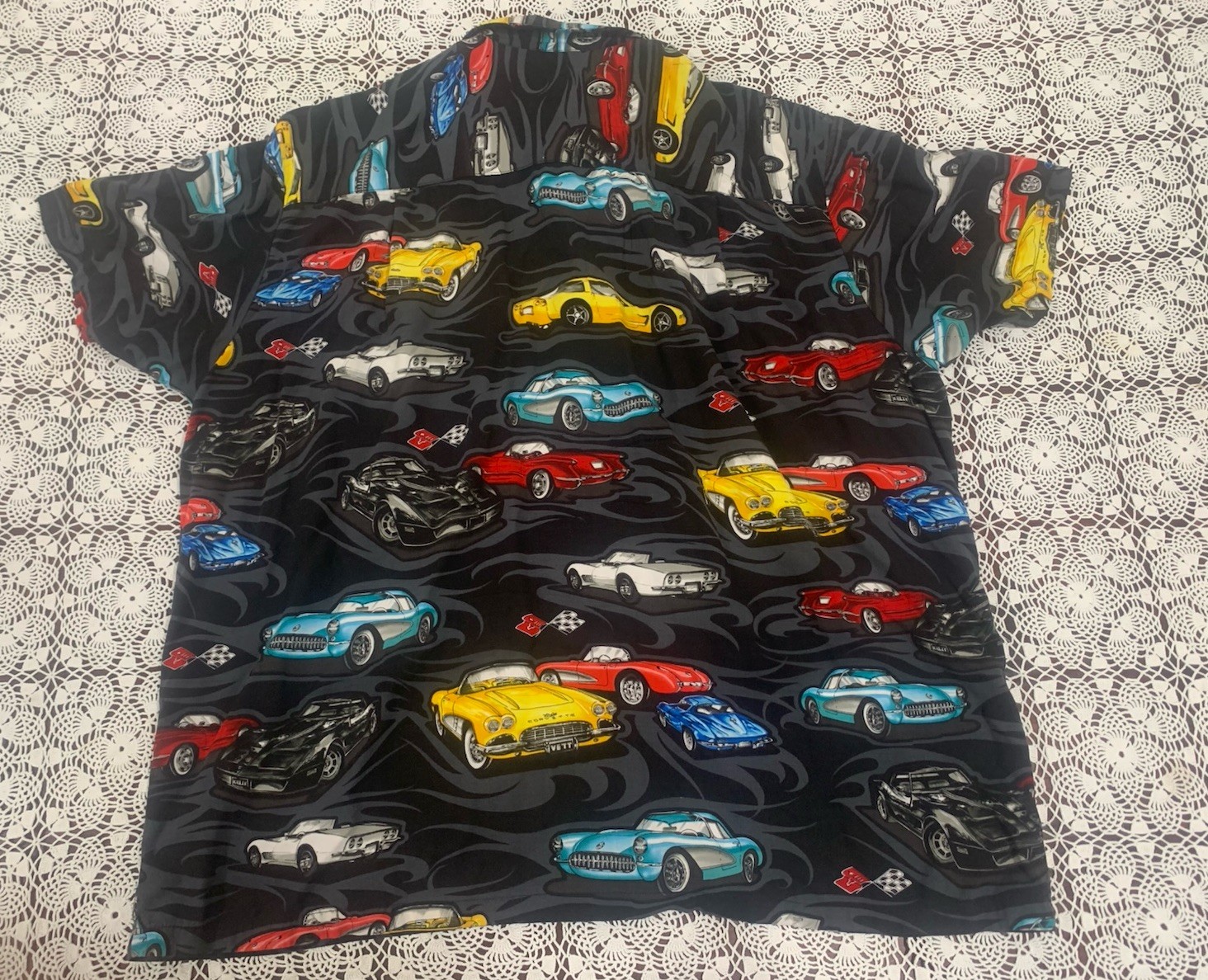 Vintage Paradise Found Hawaiian Shirt Mens XL Black S/S Corvette Stingray