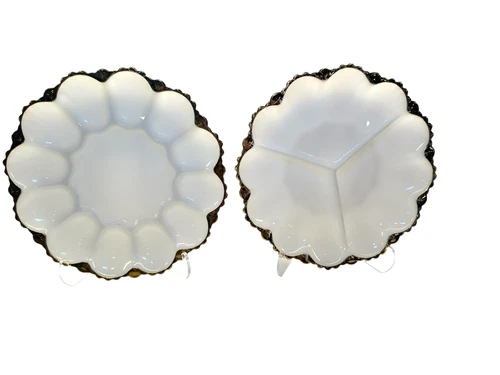 VTG 1950s Fire-King Golden Shell Serving Set: Deviled Egg Plate & Relish Dish