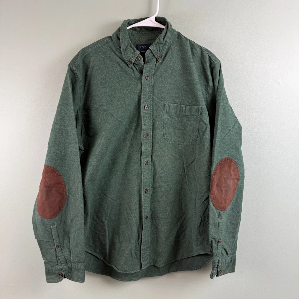 J Crew Shirt Mens LG Green Long Sleeve Button Down Elbow Patches Flannel Cotton - Image 2 of 4