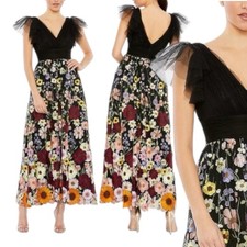 MAC DUGGAL 68204 EMBROIDERED FLUTTER SLEEVE A-LINE BLACK MULTI LONG GOWN 0