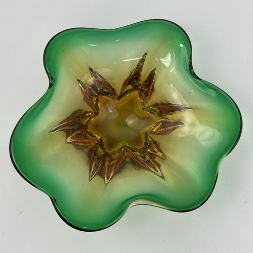 Hand Blown Art Glass Flower Shaped Bowl Green and Gold - Picture 2 of 5