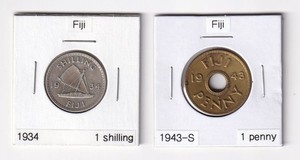 Silver Fiji 1934 Shilling and 1942 Brass Penny Minted by U.S. San Francisco Mint