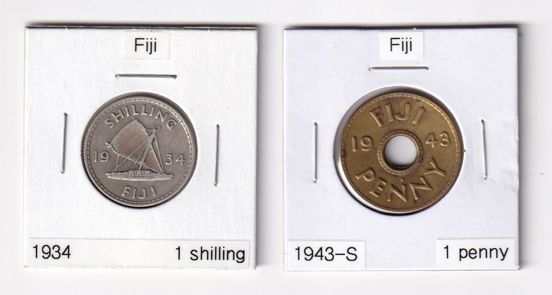 Silver Fiji 1934 Shilling and 1942 Brass Penny Minted by U.S. San Francisco Mint
