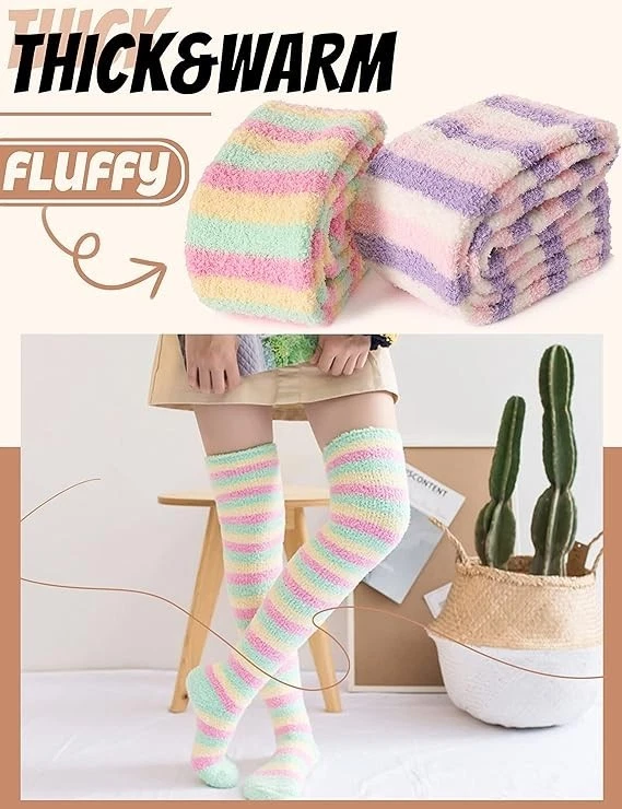 Fun Funny Socks for Women Fuzzy Thigh High Socks Over Knee High Long Striped ... - Image 4 of 4