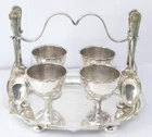Egg Cruet Stand Silver Plated Four Cups & Spoons Scalloped Tray Handled