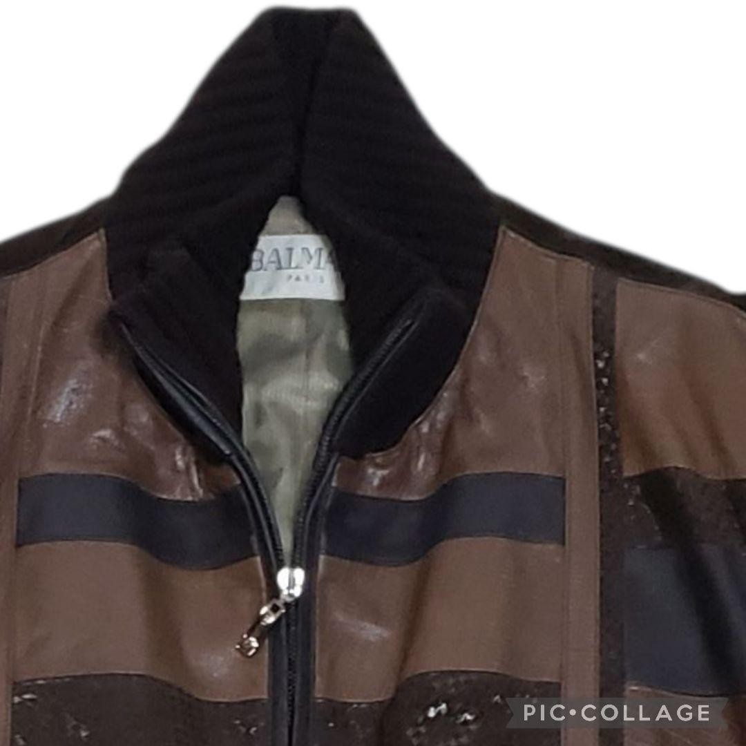 Balmain Leather & Wool Patchwork Jacket with Elbo… - image 4