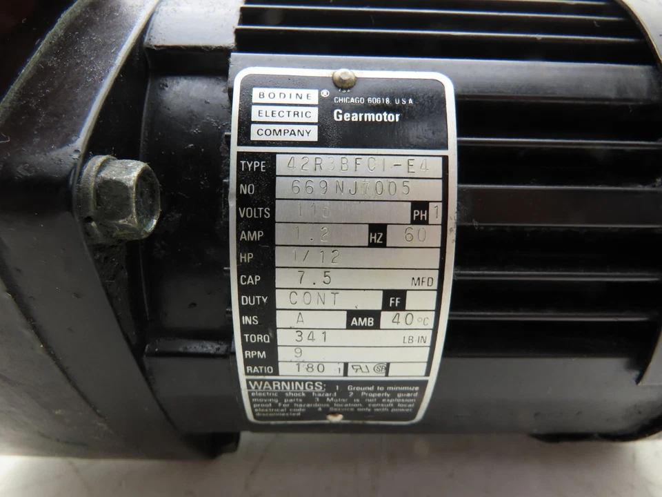 Bodine 42R3BFCI-E4 Gearmotor 1/12Hp 115V 1PH 180:1 Ratio 9 RPM 341 In-Lb - Image 2 of 4