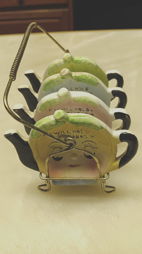 Vintage Anthropomorphic Tea Bag Holders "I Will Hold the Tea Bag" with Wire Rack