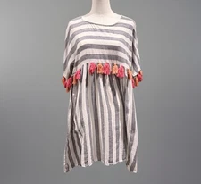 THML Women's Large Blue Striped Babydoll 100% Cotton Tasseled Dress So Cute