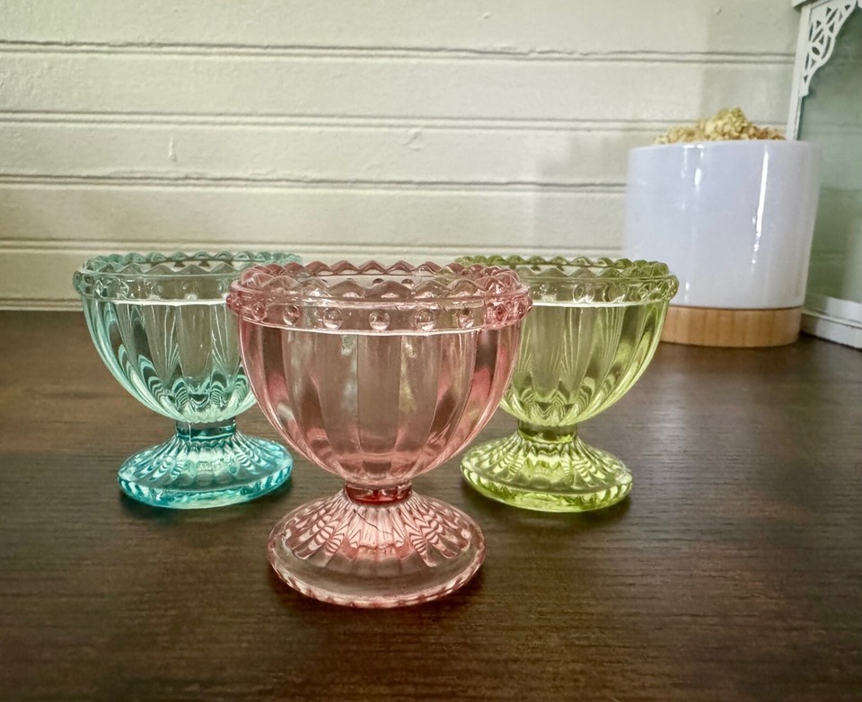 Vintage Style Set of 3 Colored Glass Egg Cup Holder Pink Teal Green eBay