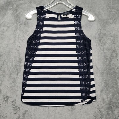 The Limited Top Womens Small Navy Blue White Stripe Tank Top Shirt w Lace Sides