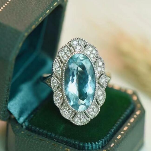 Vintage Natural Blue Aquamarine Diamond Filigree Women Ring Solid 14K White Gold - Picture 1 of 2