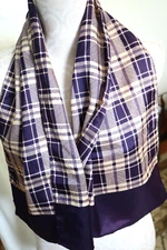 Vintage Ladies Scarf -13" x 44"-Deep Purple w. Tan Rich Plaid Acetate Japan