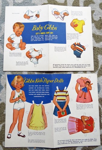 2 VINTAGE 1950s BABY & GIRL GIBBS Advertising Paper Dolls -Kids underwear