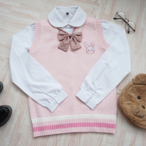 Chaleco Bordado Cara de Conejo Rosa Kawaii Elastizado Tejido Sin Mangas Top Pullover - Imagen 3 de 10