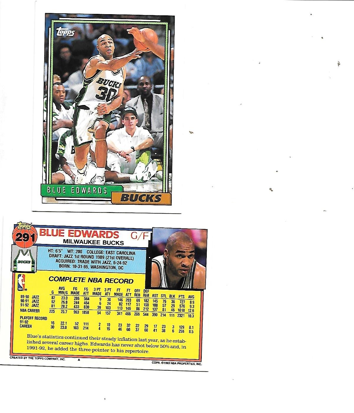 Blue Edwards 1992-93 Topps Basketball Card #291 Lot of 2 Milwaukee Bucks