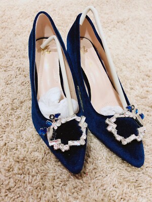 Royal blue velvet women shoes with crystal decorations-size