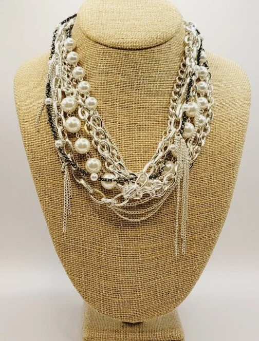 Style & Co Silver Tone Layered Multi Chain Faux Pearl Hematite Necklace $34.50  - Image 2 of 4