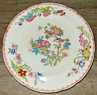 Antique Minton Cuckoo floral pattern scalloped edge dinner plate, CRAZING