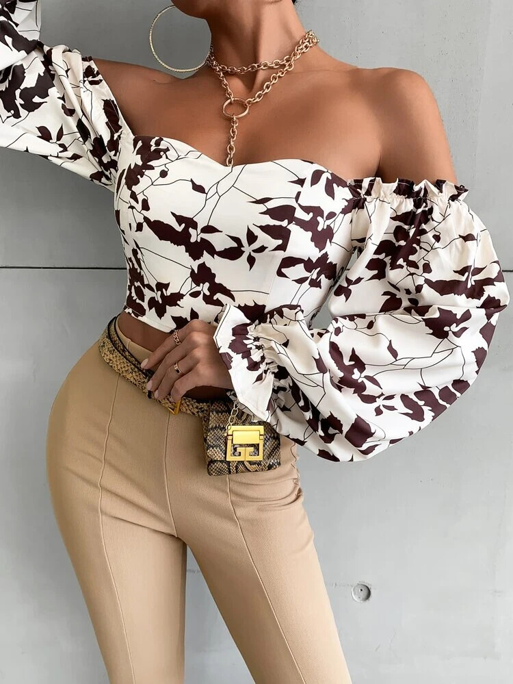 Women Shein Brown & Ivory Shirt Crop Top Blouse Off The