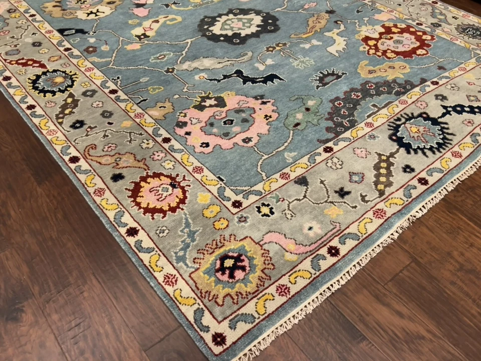 Genuine Hand Knotted Silver/Blue Oushak Heriz Geometric Area Rug Carpet 8’1x9’10 Foto 3 de 4