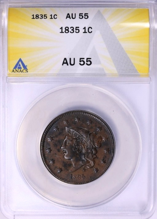 1835 Small 8, Small Stars  ANACS AU 55 Matron or Coronet Head Large Cent Coin 1c