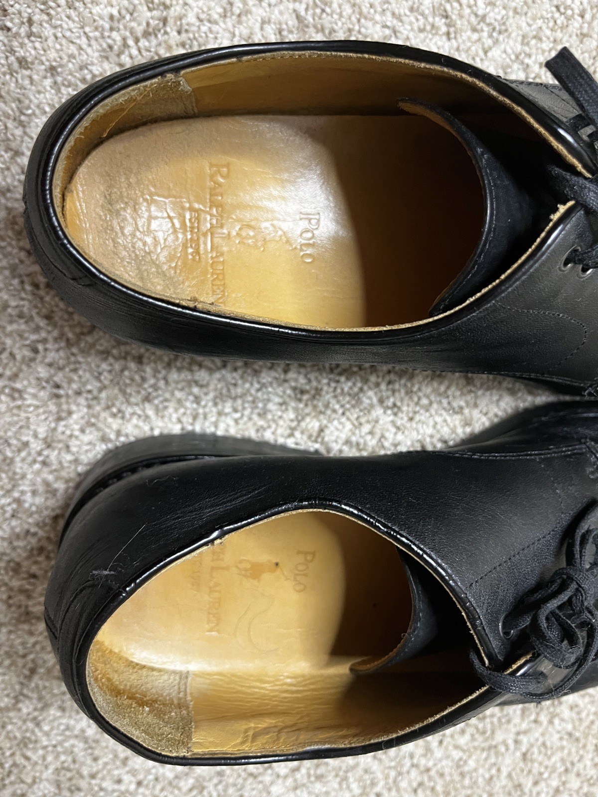 SAOLA Vintage Polo Ralph Lauren Country pelle nera punta liscia derby suola a strappo uomo 9 5D