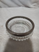 Vintage Cut Glass Serving Bowl with Silver-Plated Rim, Diamond & Fan Pattern, 9in — listing 2