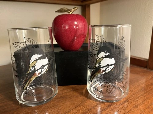 Anchor Hocking VINTAGE Drinking Glasses set of 2 Chickadee Birds
