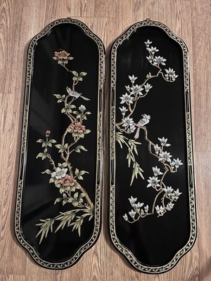 Vintage Mother of Pearl Black Lacquer Asian Art Panels Japan Birds Flowers 2 Set
