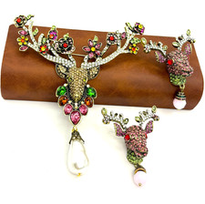 Stunning Huge Reindeer Brooch & Earrings Set Christmas Holiday Rhinestone New
