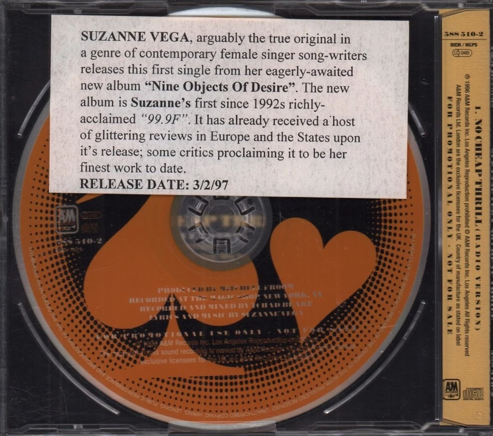 Suzanne Vega No Cheap Thrill CD UK A&M 1996 Single Promo Mit Info-Aufkleber - Bild 2 von 2