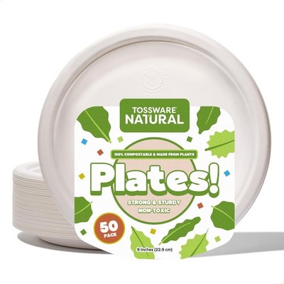 NATURAL 9'' Compostable Round Paper Plates Set of 50 - BPI Certified, Heavy Duty
