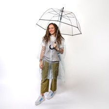 Auto Open Bubble Stick Umbrella with Waterproof Clear Poncho 2-Pack Rain Set