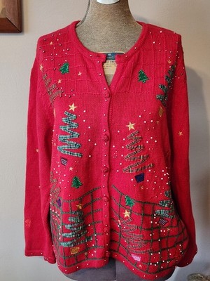 Segue Ho Ho Ho Women s Size Large Ugly Christmas Sweater w/Ribbon Trees & Beads