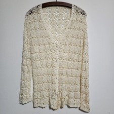 VTG 70s Cream Crochet Knit Cardigan Sweater Womens L Open Stitch Shrug Coastal