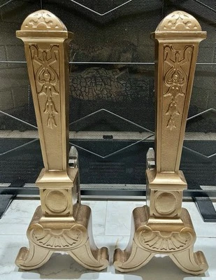 NICE! Antique Arts & Crafts Era Cast Iron Fireplace Andirons w/ Gilt Gold Finish - Image 1 of 4