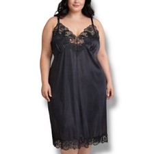 Vintage Black Floral Lace Nylon Slip Dress Nightgown Adjustable Straps Romantic