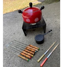 Vintage Red Enamel Fondue Pot Set with Stand, Burner, and Forks - BO